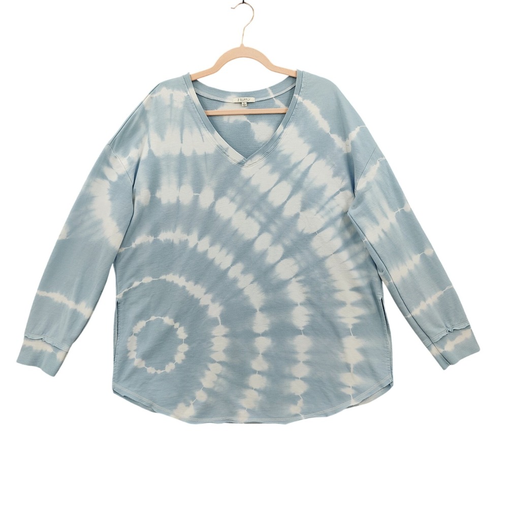 Z Supply Womens Boho Beachy Sweatshirt L Blue White Tie Dye V-Neck French Terry